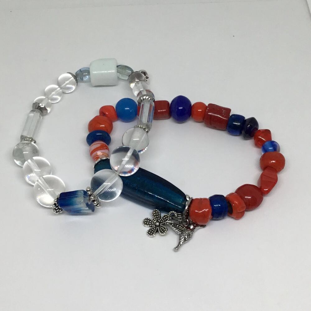 Eclectic Handcrafted Glass Beads Stretch Bracelet Set Blue Orange Clear Charms
